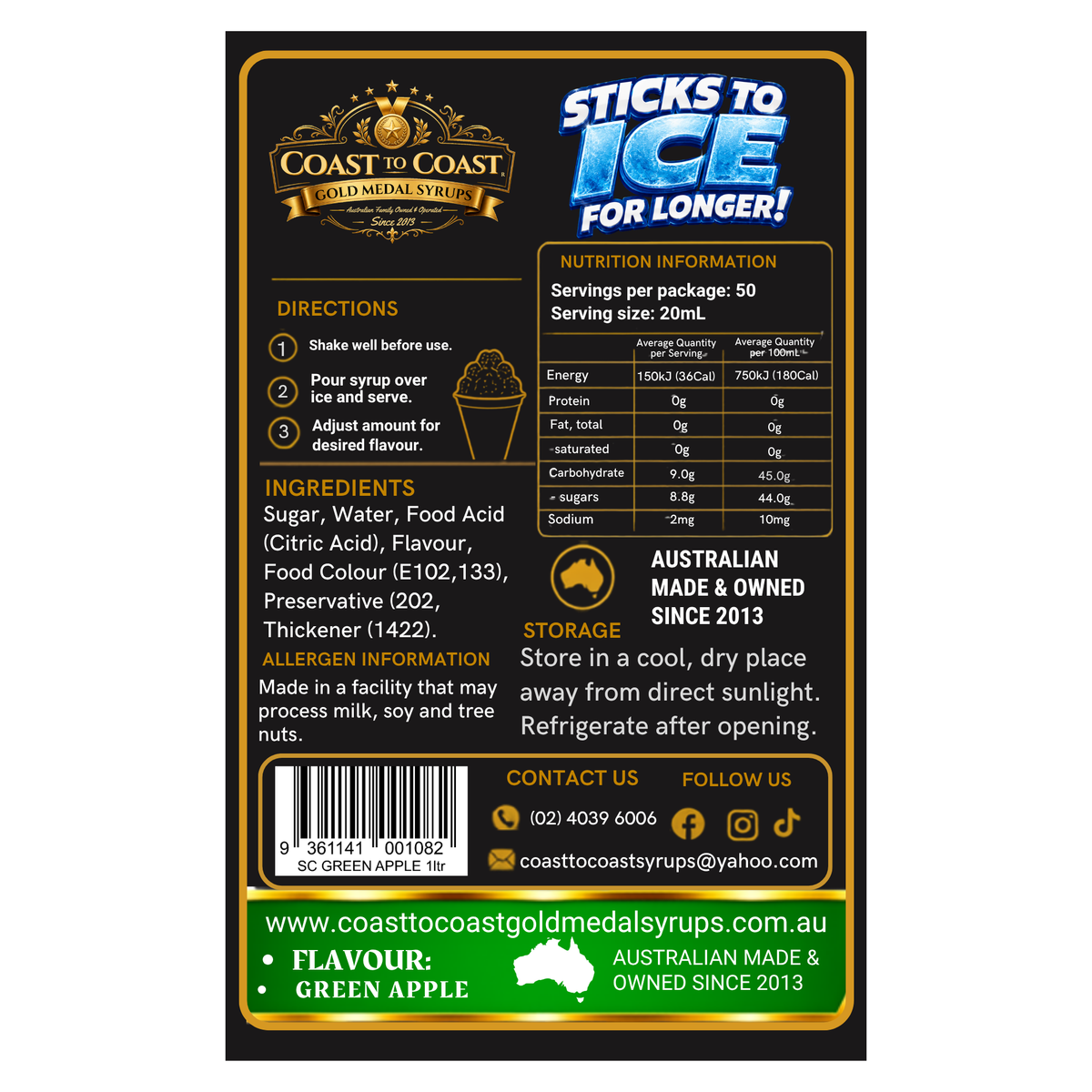 Green Apple Snow Cone Syrups 1ltr - Coast to Coast Gold Medal Syrups®
