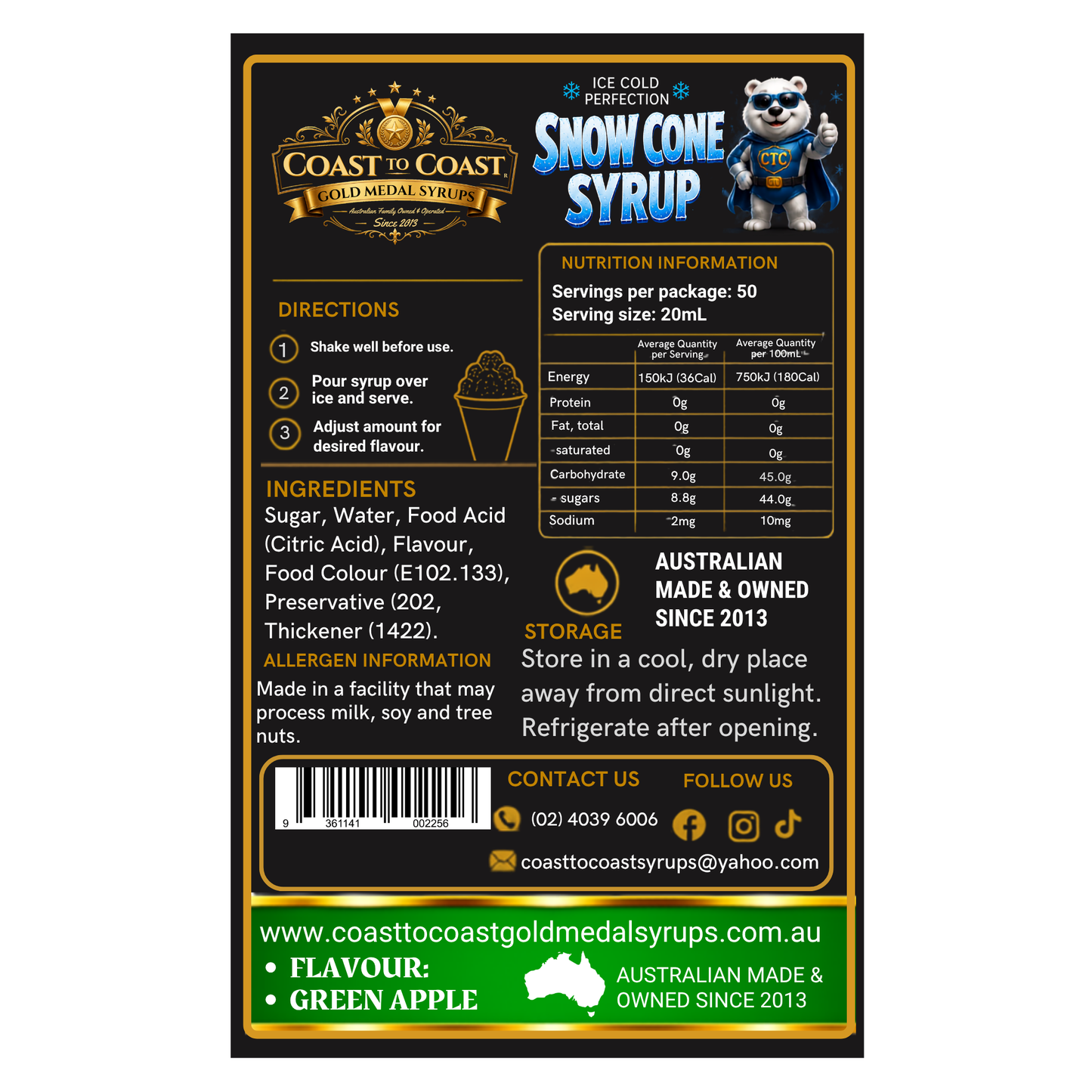 Green Apple Snow Cone Syrups 2ltr - Coast to Coast Gold Medal Syrups®