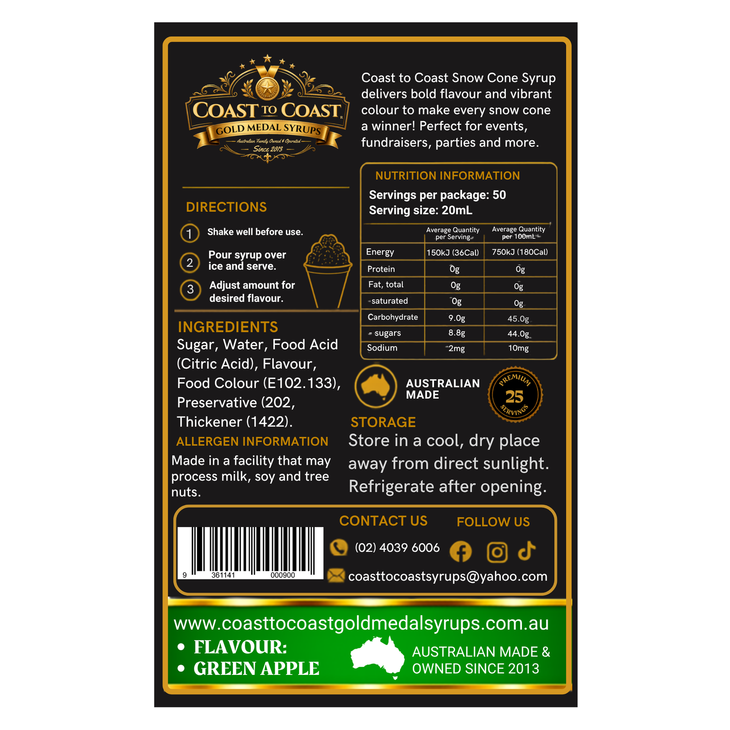 Green Apple Snow Cone Syrups 750ml - Coast to Coast Gold Medal Syrups®