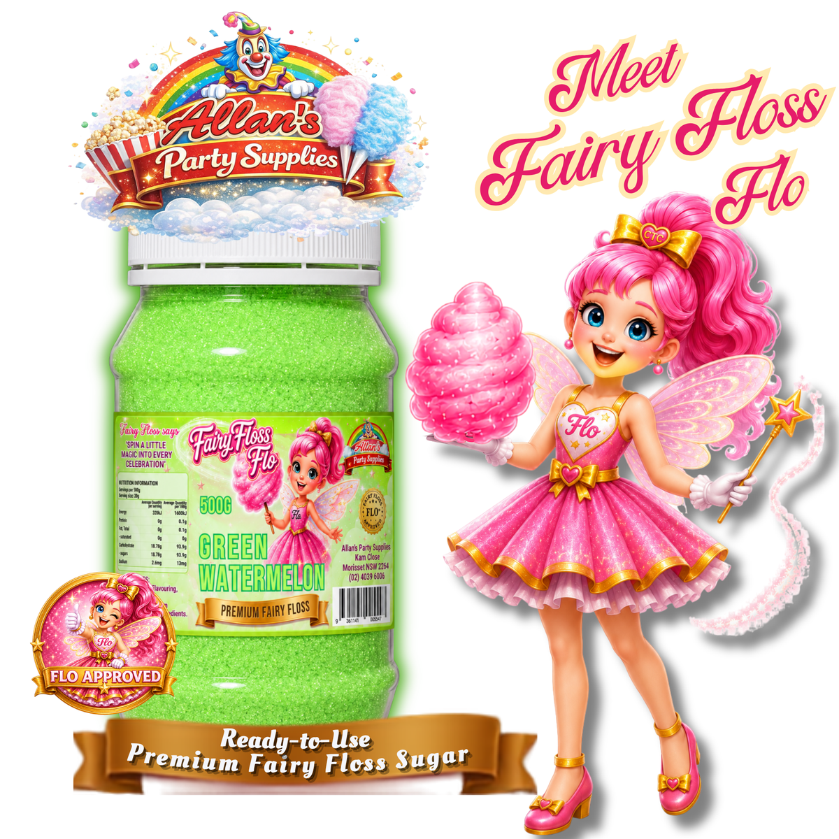 Green Watermelon Fairy Floss Sugar – 500g Jar - Allan's Party Supplies