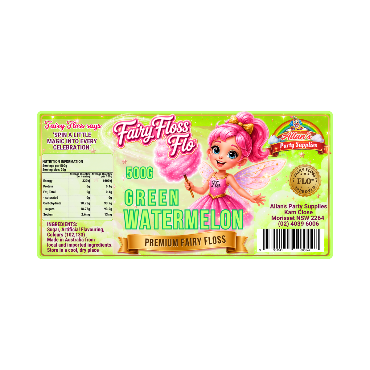 Green Watermelon Fairy Floss Sugar – 500g Jar - Allan's Party Supplies