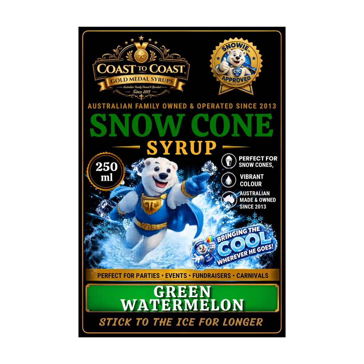 Green Watermelon Snow Cone Syrups 250ml - Coast to Coast Gold Medal Syrups®
