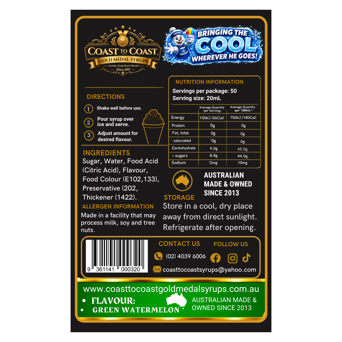 Green Watermelon Snow Cone Syrups 250ml - Coast to Coast Gold Medal Syrups®