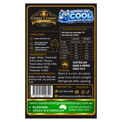 Green Watermelon Snow Cone Syrups 250ml - Coast to Coast Gold Medal Syrups®