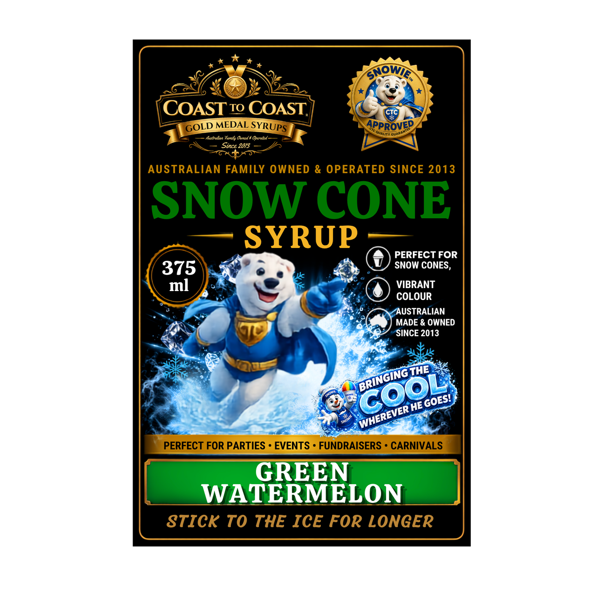 Green Watermelon Snow Cone Syrups 375ml - Coast to Coast Gold Medal Syrups®