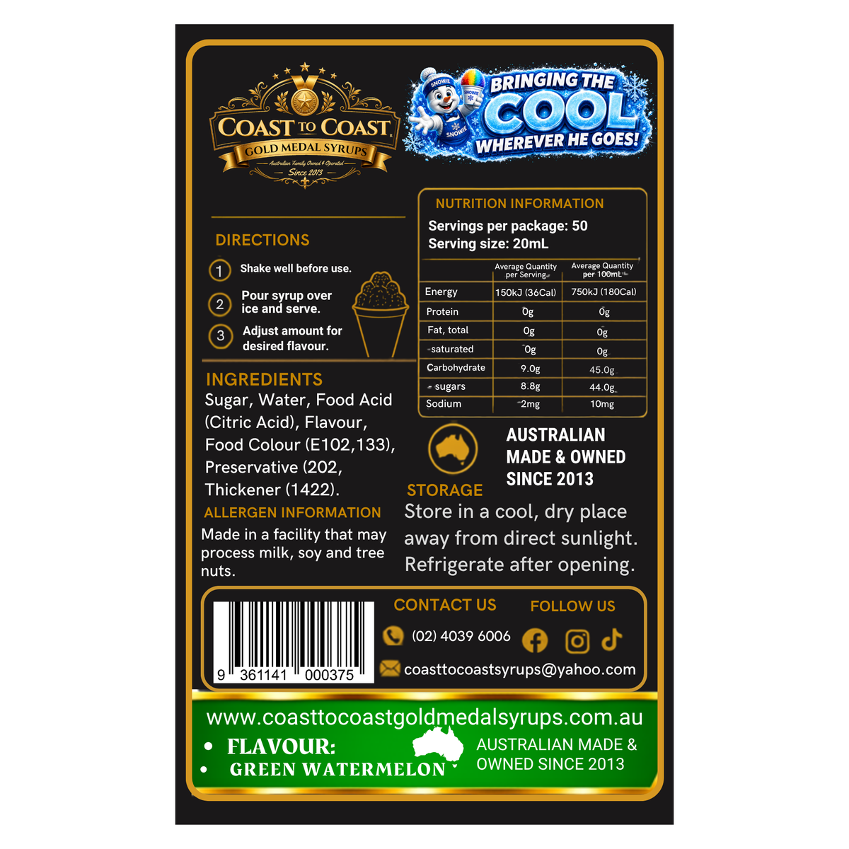 Green Watermelon Snow Cone Syrups 375ml - Coast to Coast Gold Medal Syrups®