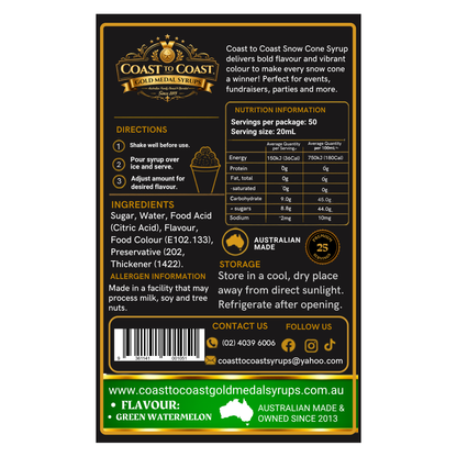 Green Watermelon Snow Cone Syrups 750ml - Coast to Coast Gold Medal Syrups®