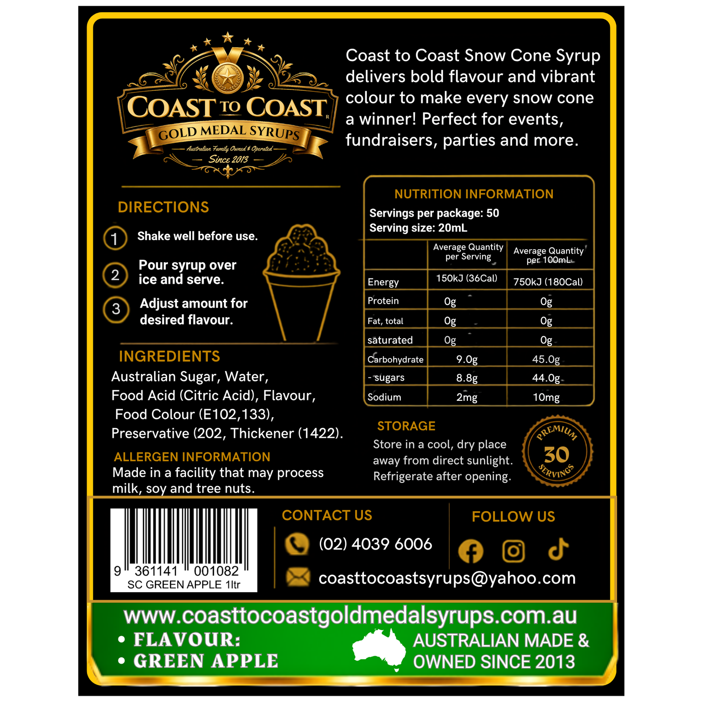 Green Apple Snow Cone Syrups 1ltr - Coast to Coast Gold Medal Syrups®