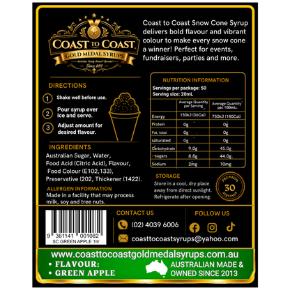 Green Apple Snow Cone Syrups 1ltr - Coast to Coast Gold Medal Syrups®
