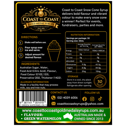 Green Watermelon Snow Cone Syrups 1ltr - Coast to Coast Gold Medal Syrups®