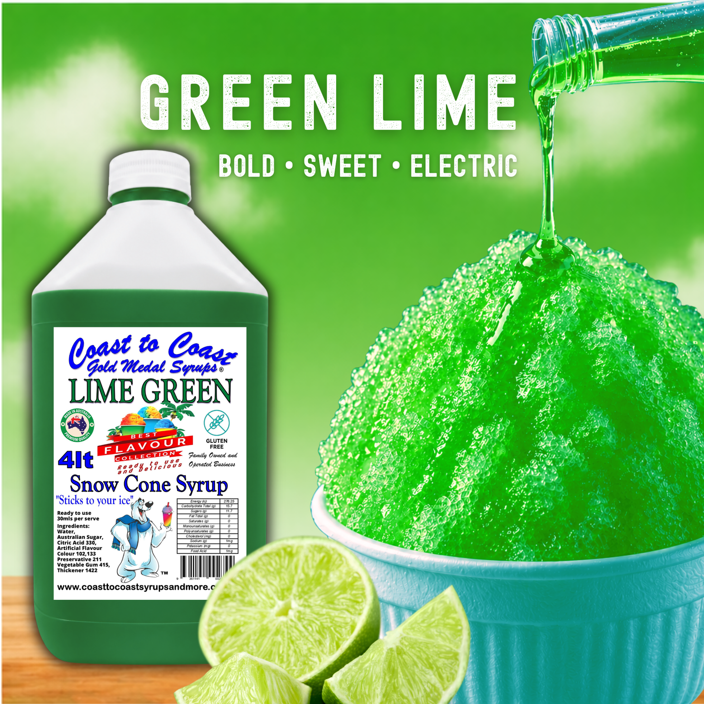 6 Lime Green Snow Cone Syrup, 4Ltr, Premium Ice Syrup, Coast to Coast Gold Medal Syrups®
