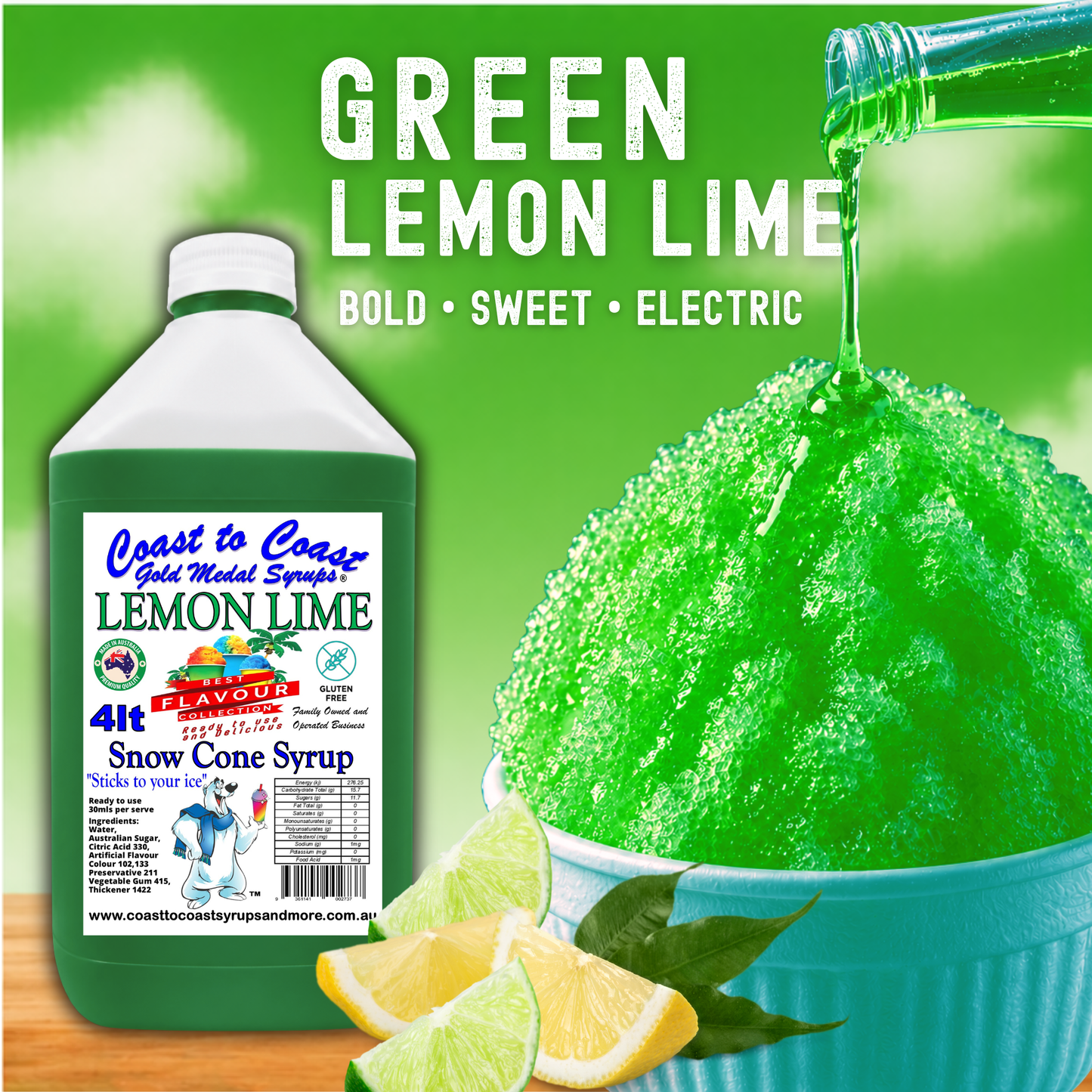 6 Lemon Lime Snow Cone Syrup, 4Ltr, Premium Ice Syrup, Coast to Coast Gold Medal Syrups®