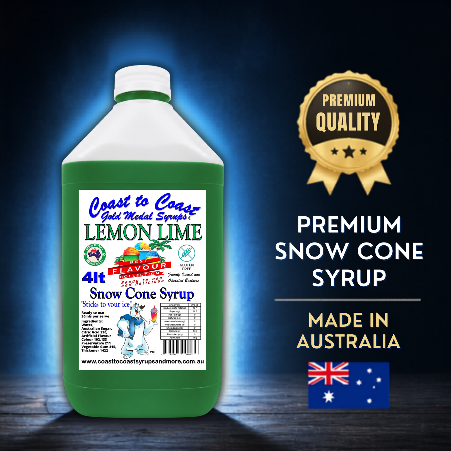 6 Lemon Lime Snow Cone Syrup, 4Ltr, Premium Ice Syrup, Coast to Coast Gold Medal Syrups®