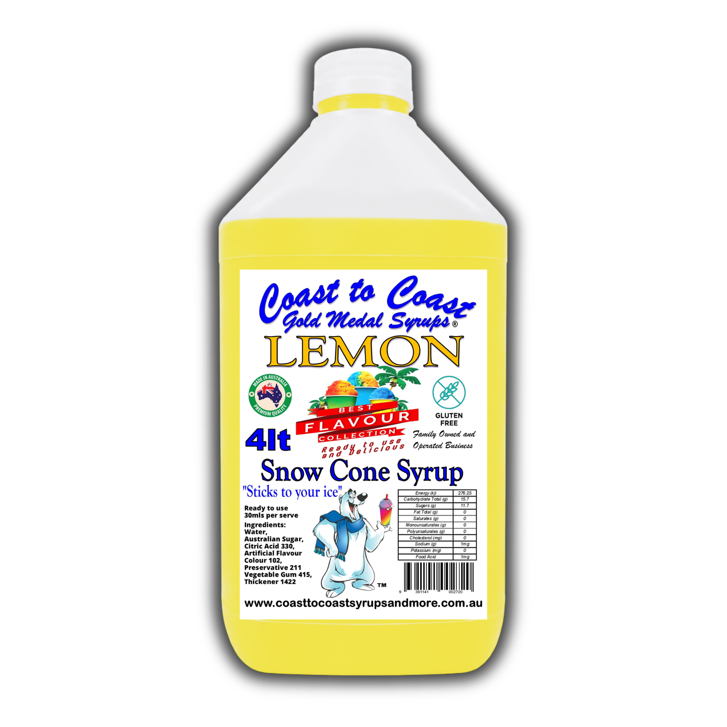 6 Lemon Snow Cone Syrup, 4Ltr, Premium Ice Syrup, Coast to Coast Gold Medal Syrups®