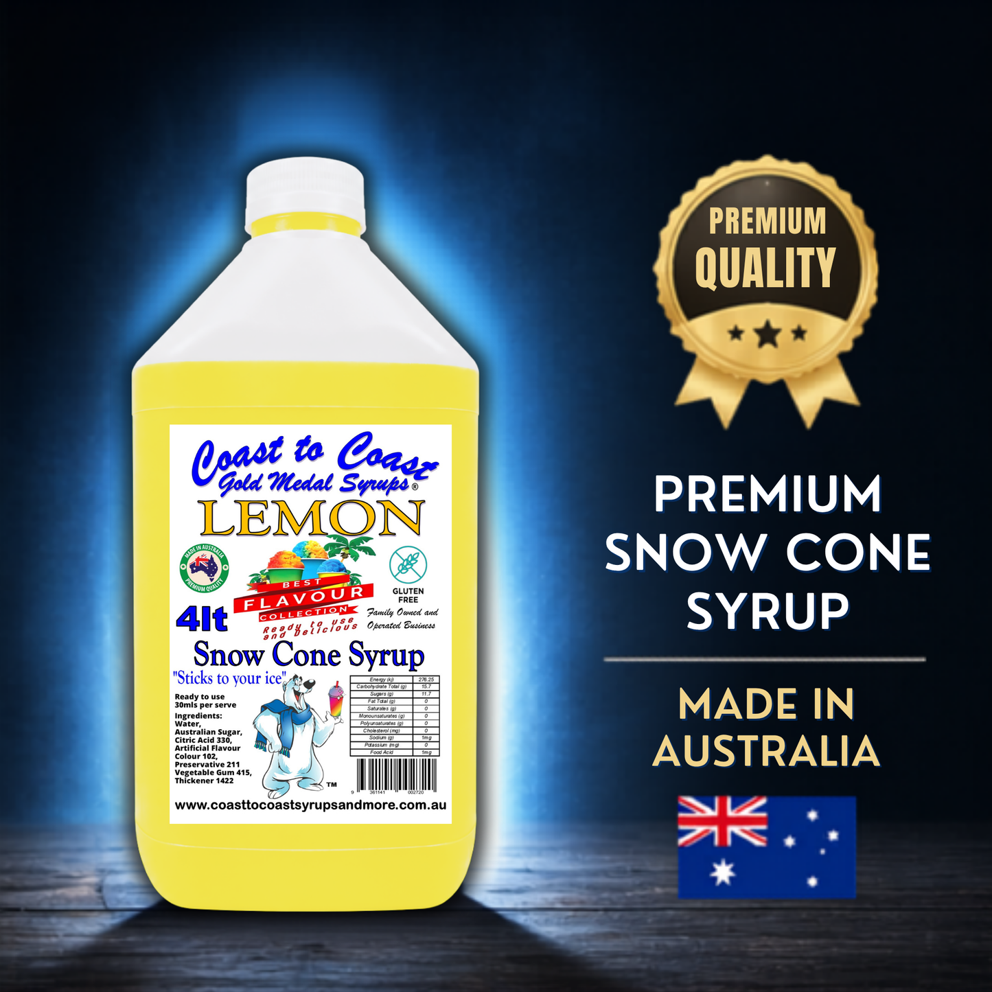 6 Lemon Snow Cone Syrup, 4Ltr, Premium Ice Syrup, Coast to Coast Gold Medal Syrups®