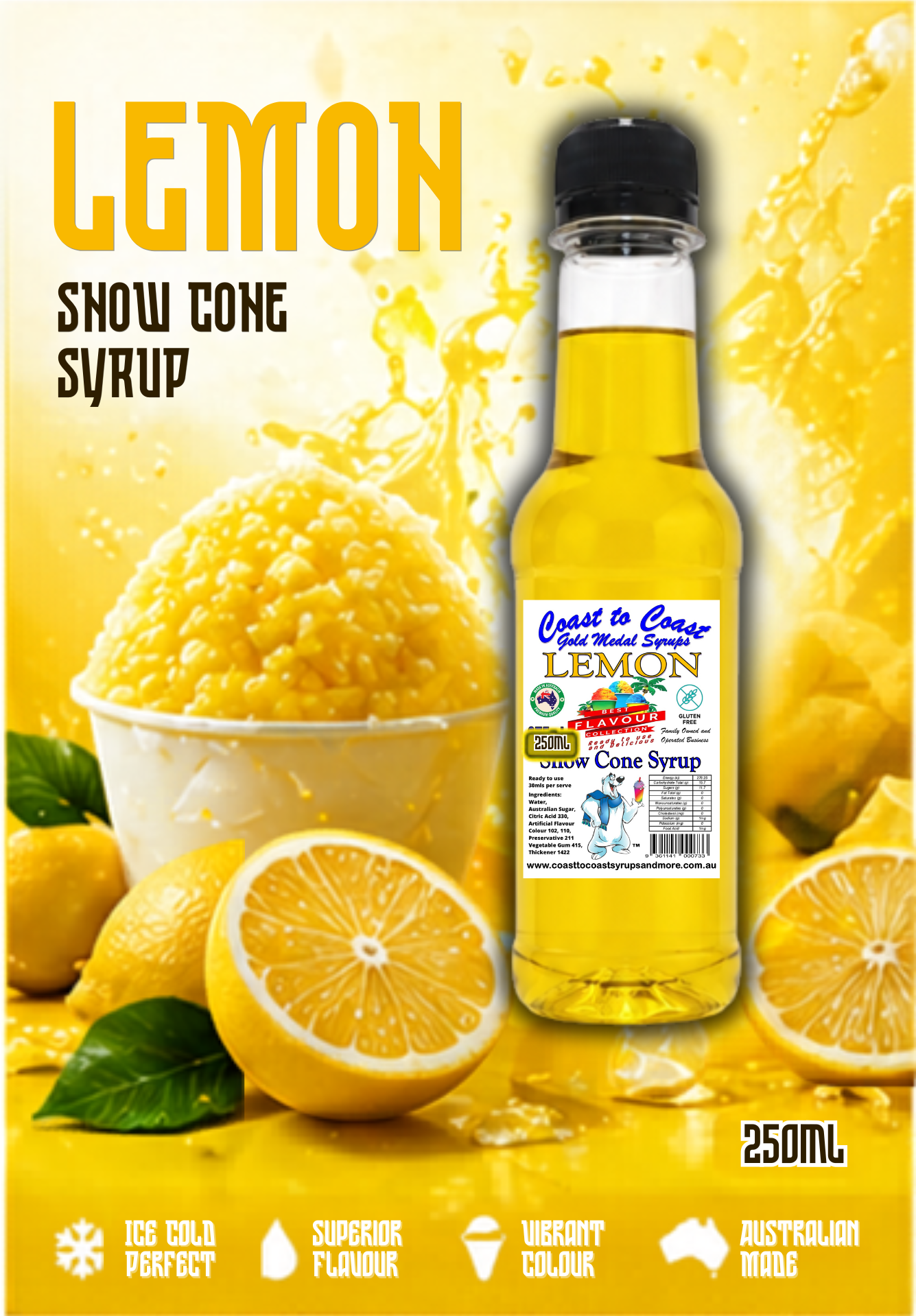 1.Lemon Snow Cone Syrup 250ml – Premium Ice Syrup | Coast to Coast Gold Medal Syrups®