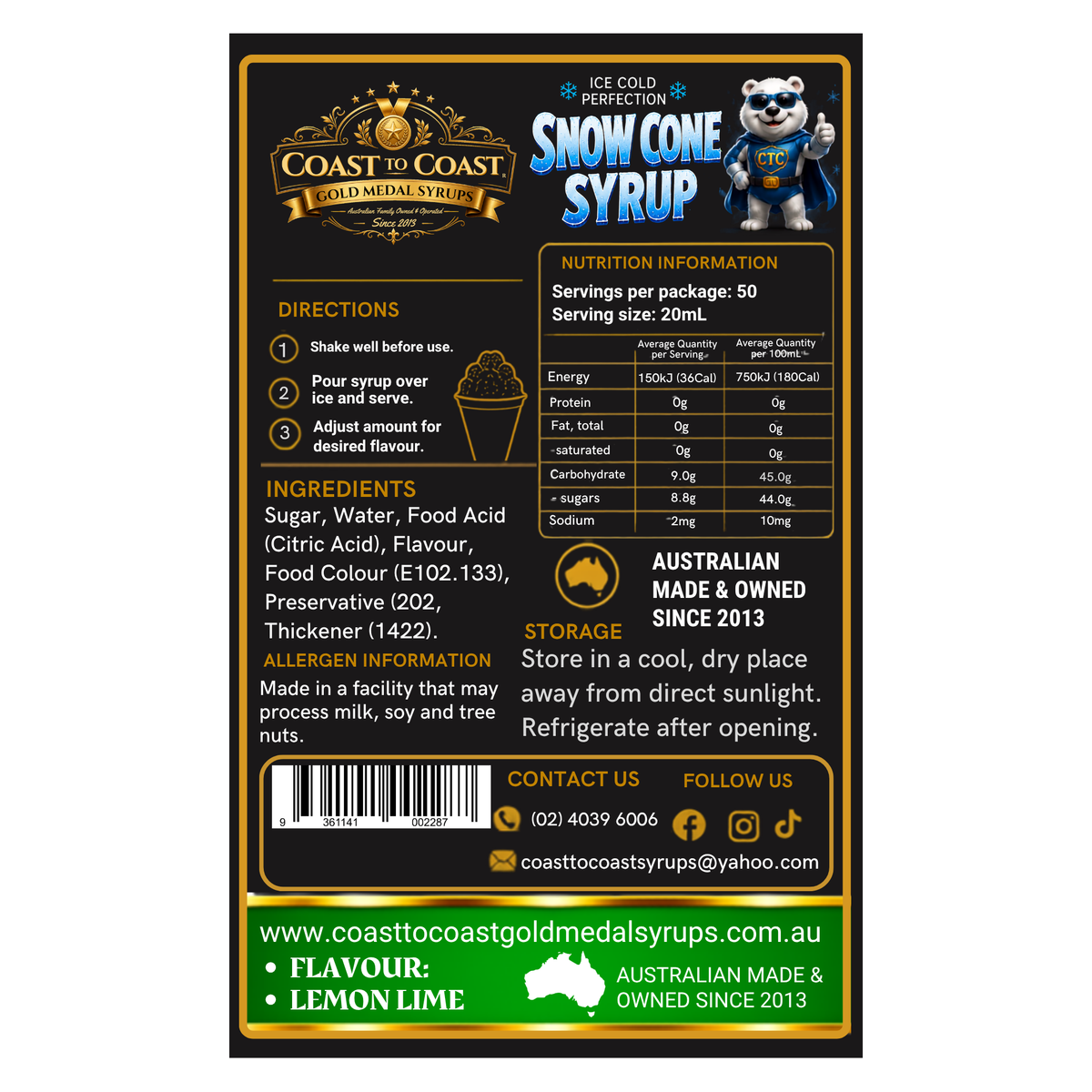 Lemon Lime Snow Cone Syrups 2ltr - Coast to Coast Gold Medal Syrups®