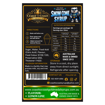Lemon Lime Snow Cone Syrups 2ltr - Coast to Coast Gold Medal Syrups®