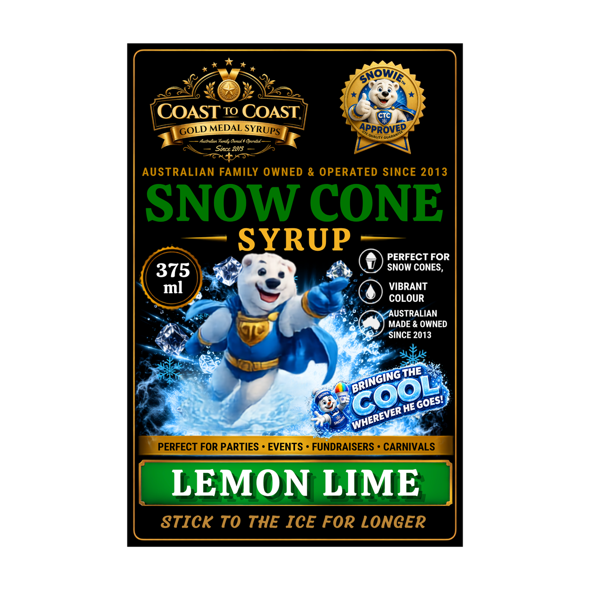 Lemon Lime Snow Cone Syrups 375ml - Coast to Coast Gold Medal Syrups®