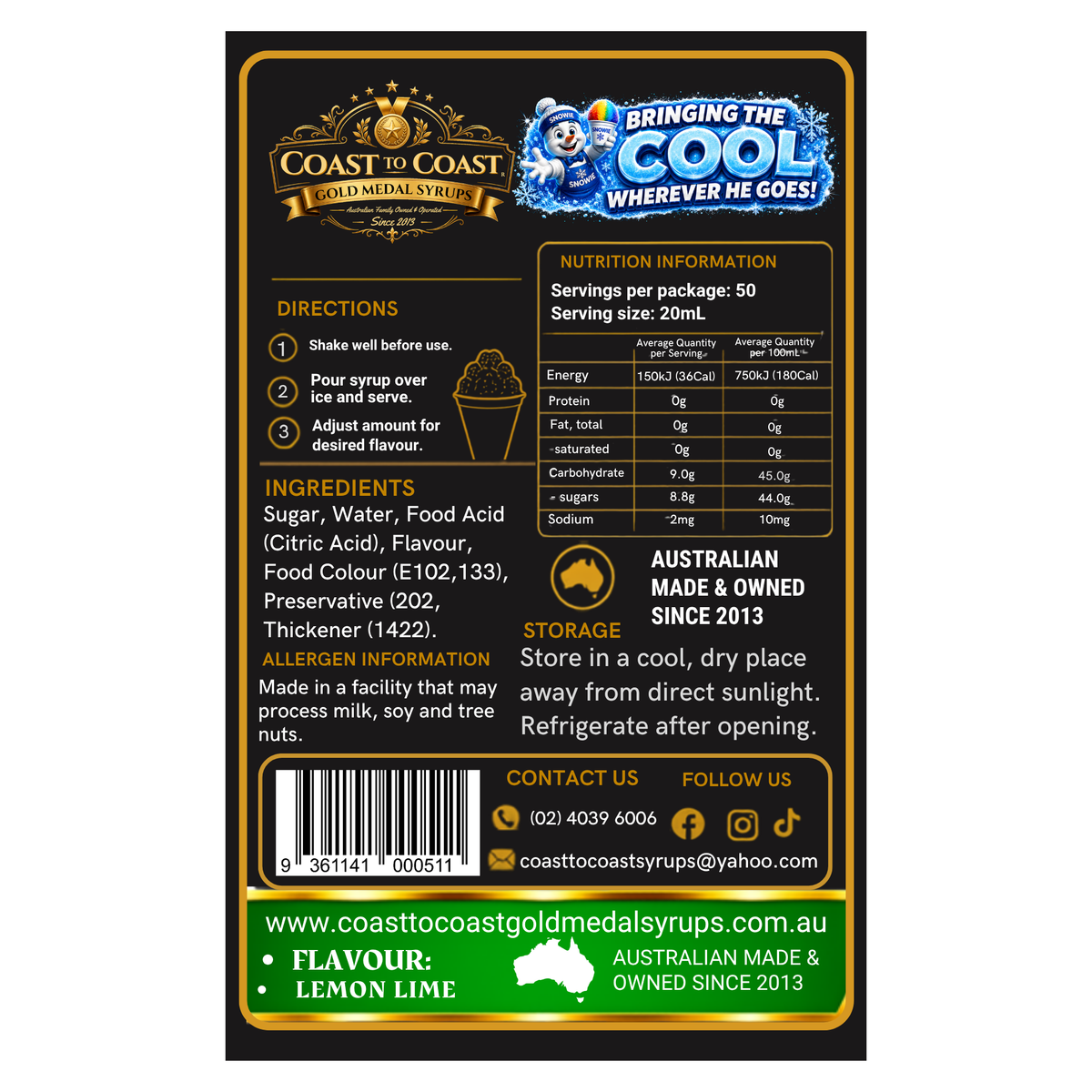 Lemon Lime Snow Cone Syrups 375ml - Coast to Coast Gold Medal Syrups®