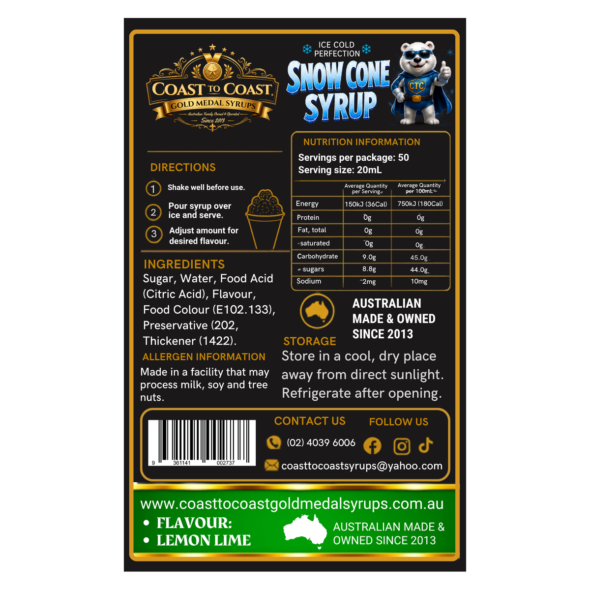 Lemon Lime Snow Cone Syrups 4ltr - Coast to Coast Gold Medal Syrups®
