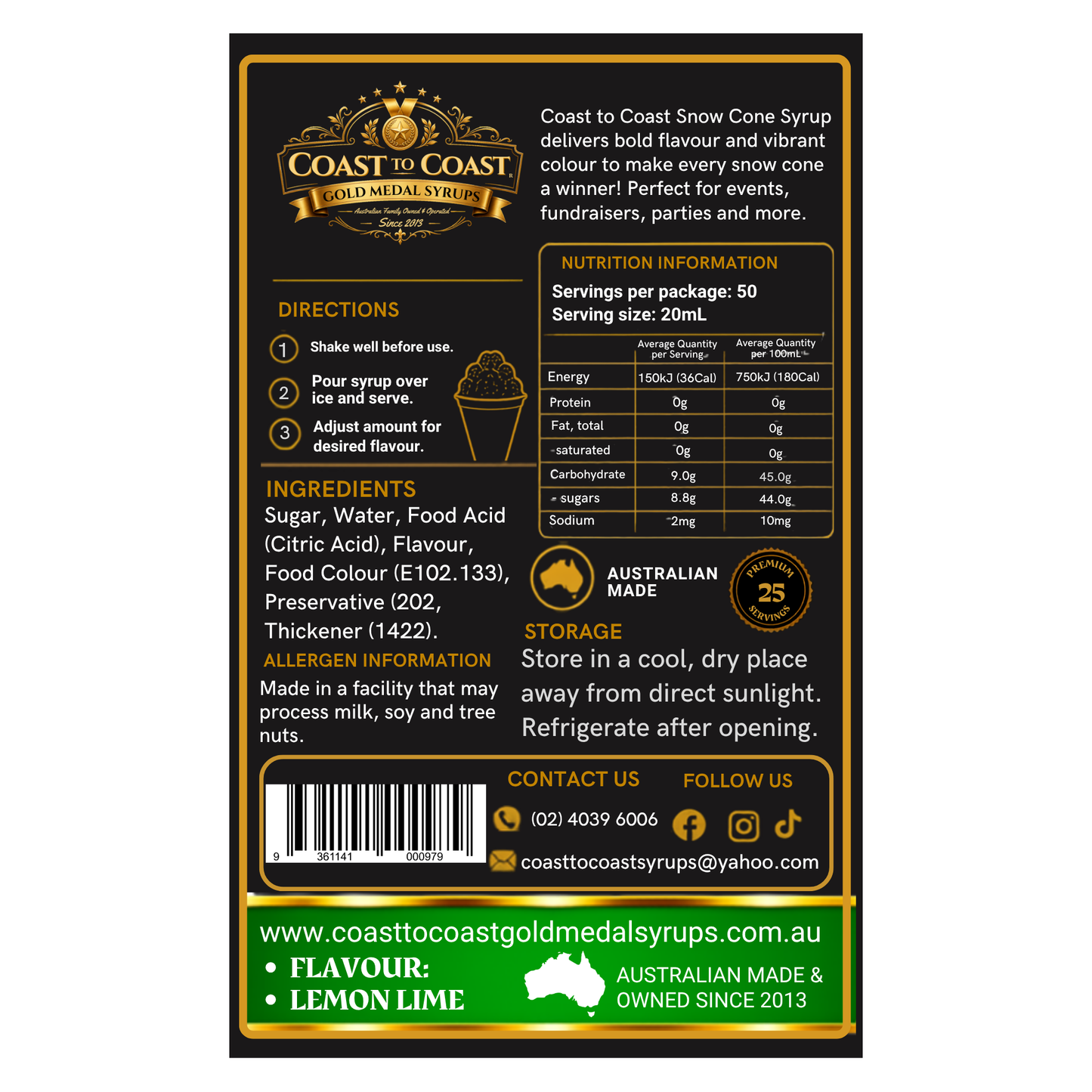 Lemon Lime Snow Cone Syrups 750ml - Coast to Coast Gold Medal Syrups®