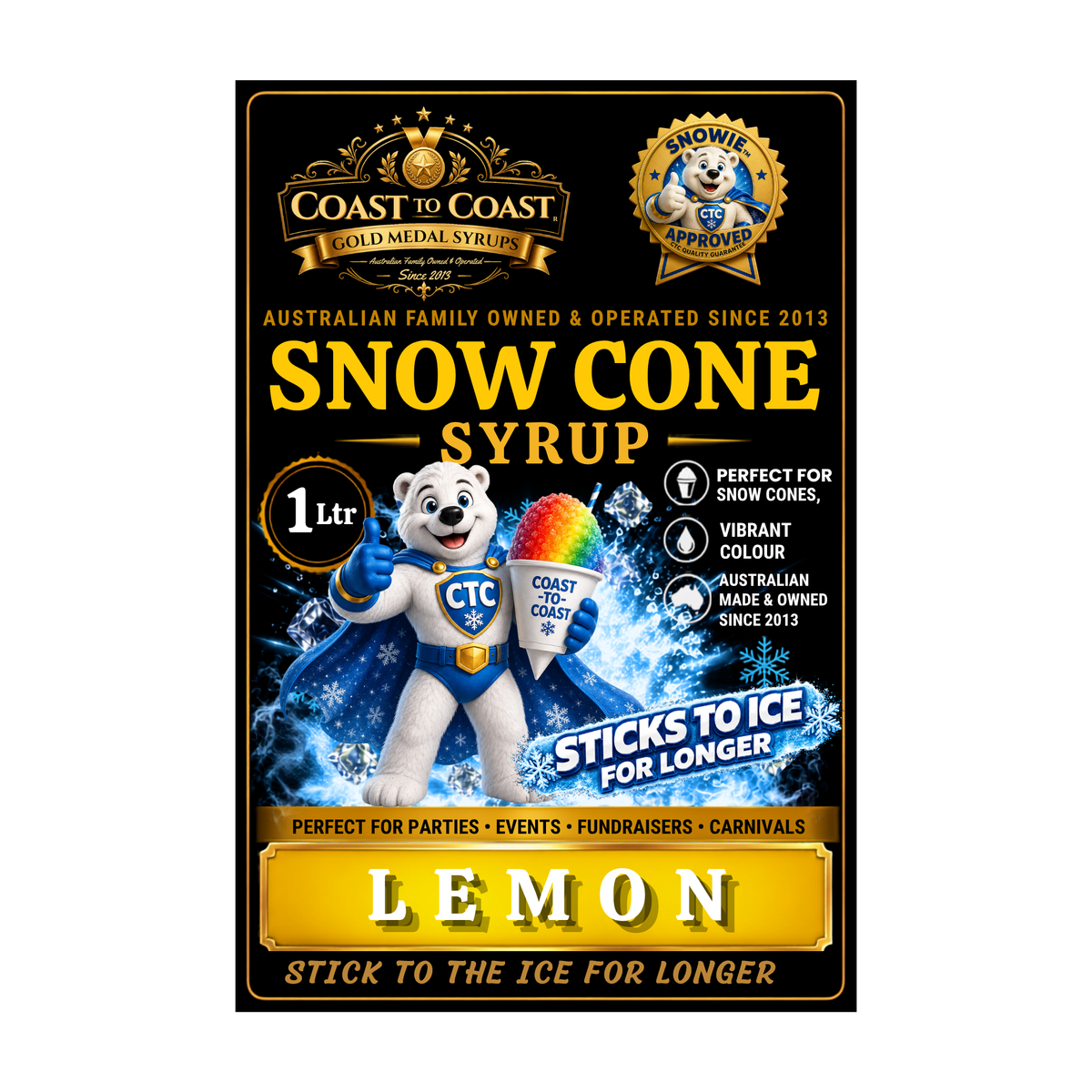 Lemon Snow Cone Syrups 1ltr - Coast to Coast Gold Medal Syrups®