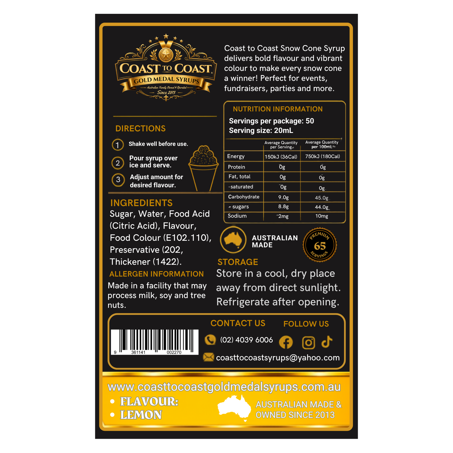 Lemon Snow Cone Syrups 2ltr - Coast to Coast Gold Medal Syrups®