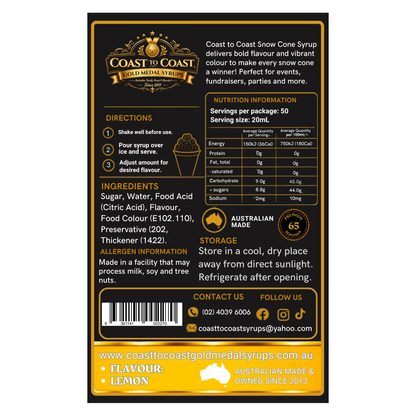 Lemon Snow Cone Syrups 2ltr - Coast to Coast Gold Medal Syrups®