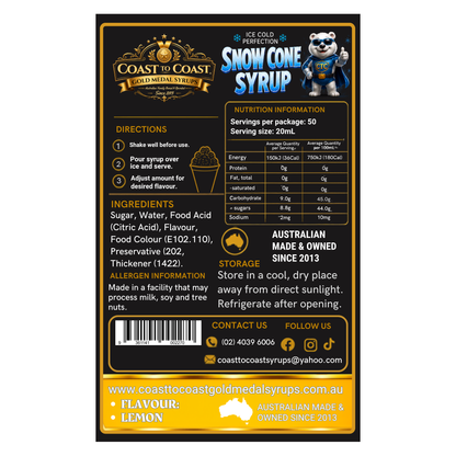 Lemon Snow Cone Syrups 2ltr - Coast to Coast Gold Medal Syrups®