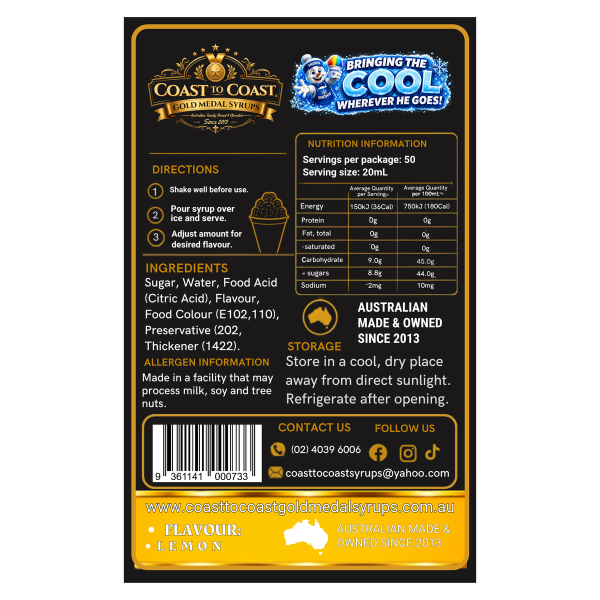 Lemon Snow Cone Syrups 375ml - Coast to Coast Gold Medal Syrups®