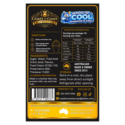 Lemon Snow Cone Syrups 375ml - Coast to Coast Gold Medal Syrups®