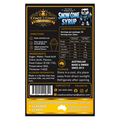 Lemon Snow Cone Syrups 4ltr - Coast to Coast Gold Medal Syrups®