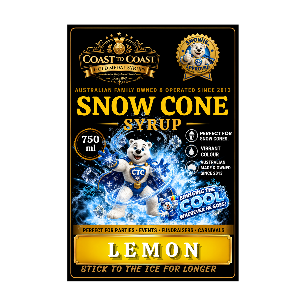 Lemon Snow Cone Syrups 750ml - Coast to Coast Gold Medal Syrups®
