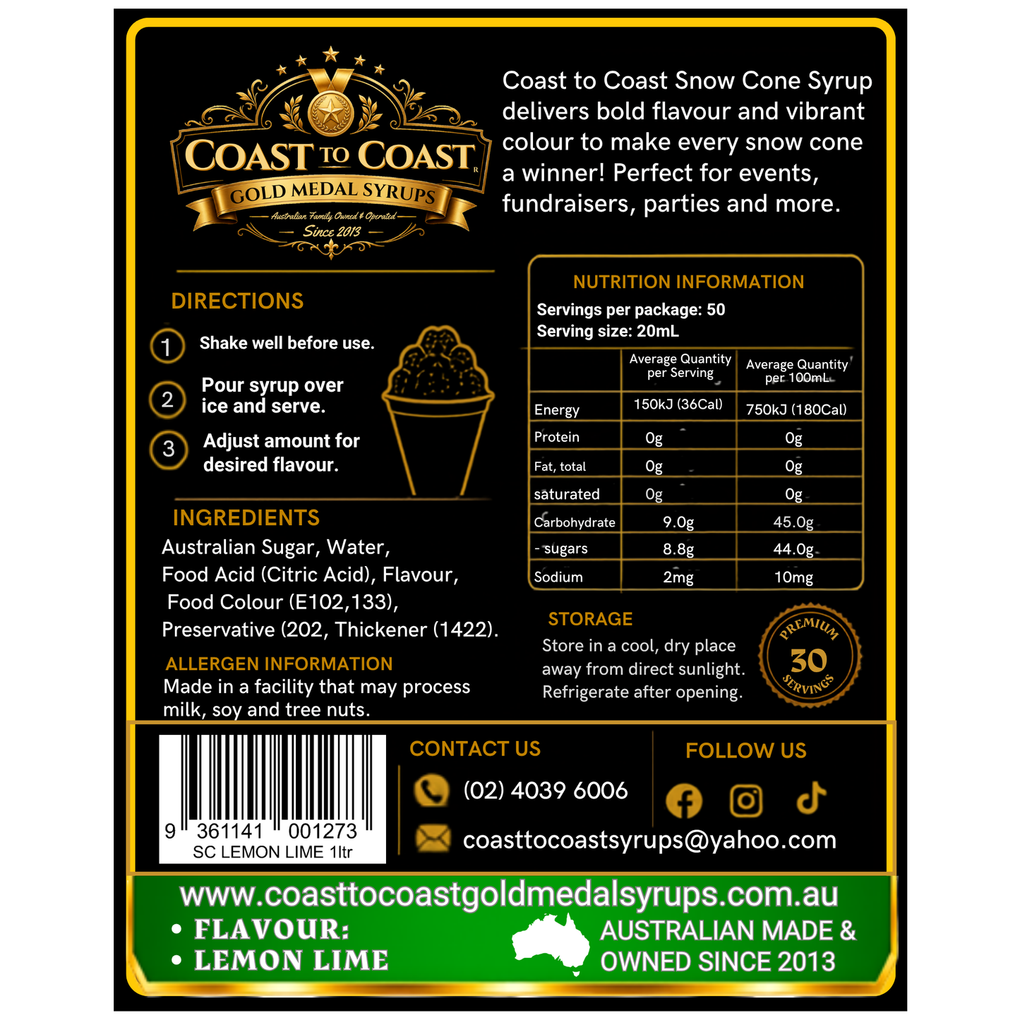 Lemon Lime Snow Cone Syrups 1ltr - Coast to Coast Gold Medal Syrups®