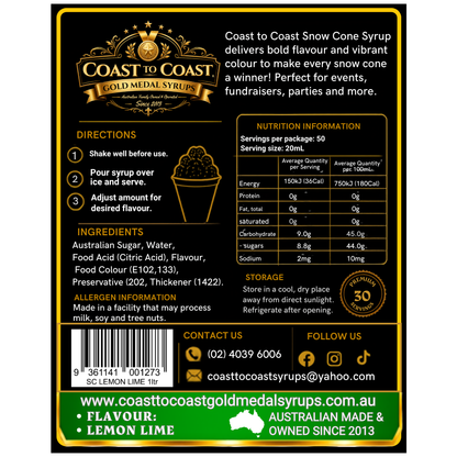 Lemon Lime Snow Cone Syrups 1ltr - Coast to Coast Gold Medal Syrups®