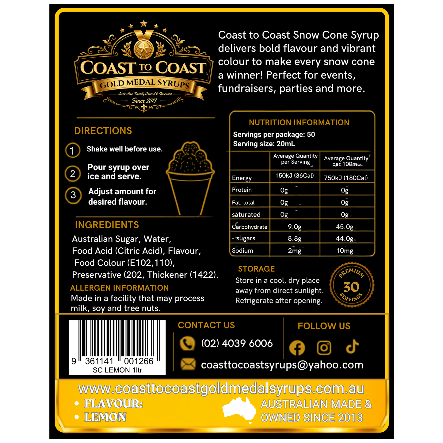 Lemon Snow Cone Syrups 1ltr - Coast to Coast Gold Medal Syrups®