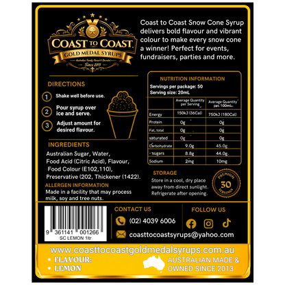 Lemon Snow Cone Syrups 1ltr - Coast to Coast Gold Medal Syrups®