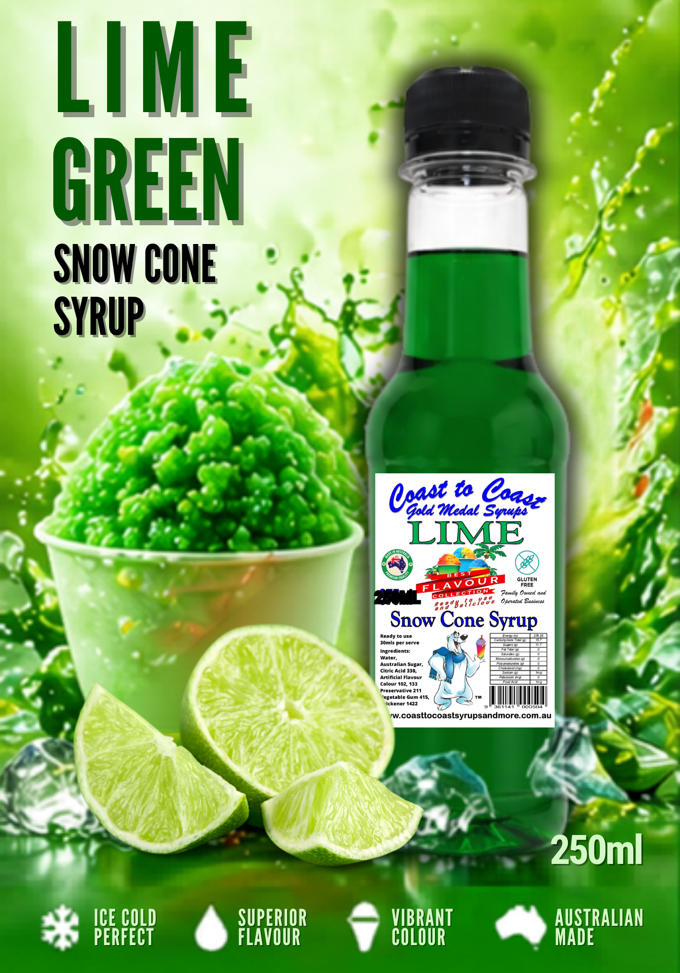 1.Lime Green Snow Cone Syrup 250ml – Premium Ice Syrup | Coast to Coast Gold Medal Syrups®