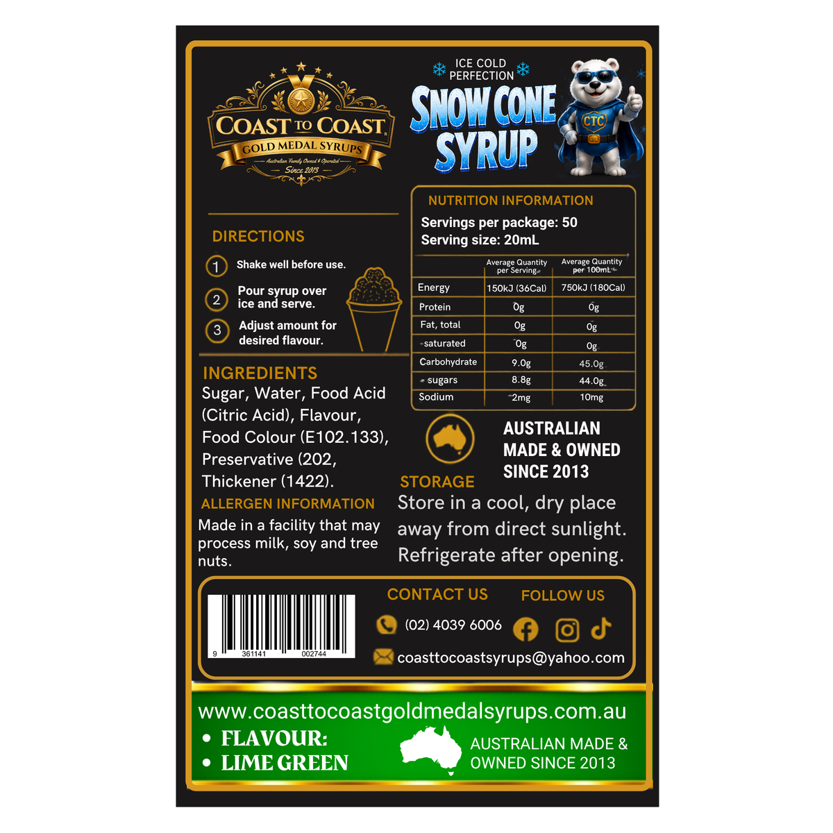 Lime Green Snow Cone Syrups 4ltr - Coast to Coast Gold Medal Syrups®