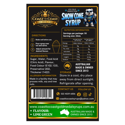 Lime Green Snow Cone Syrups 4ltr - Coast to Coast Gold Medal Syrups®