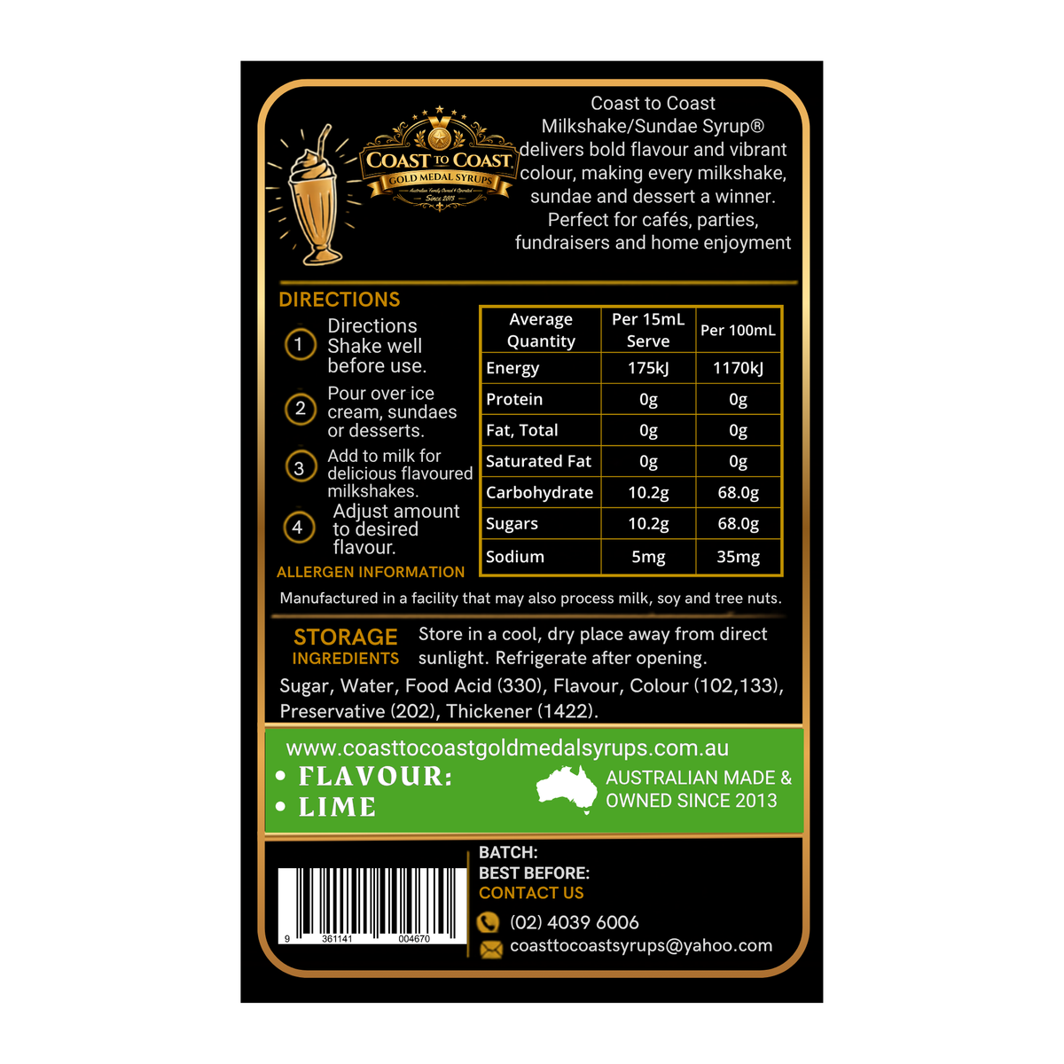 Lime, Milkshake/Sundae toppings 1ltr - Coast to Coast Gold Medal Syrups®