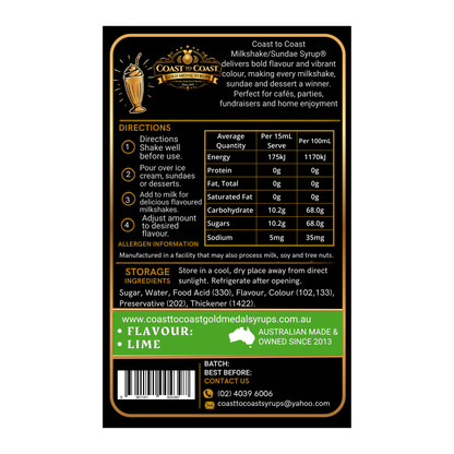 Lime, Milkshake/Sundae toppings 500ml - Coast to Coast Gold Medal Syrups®