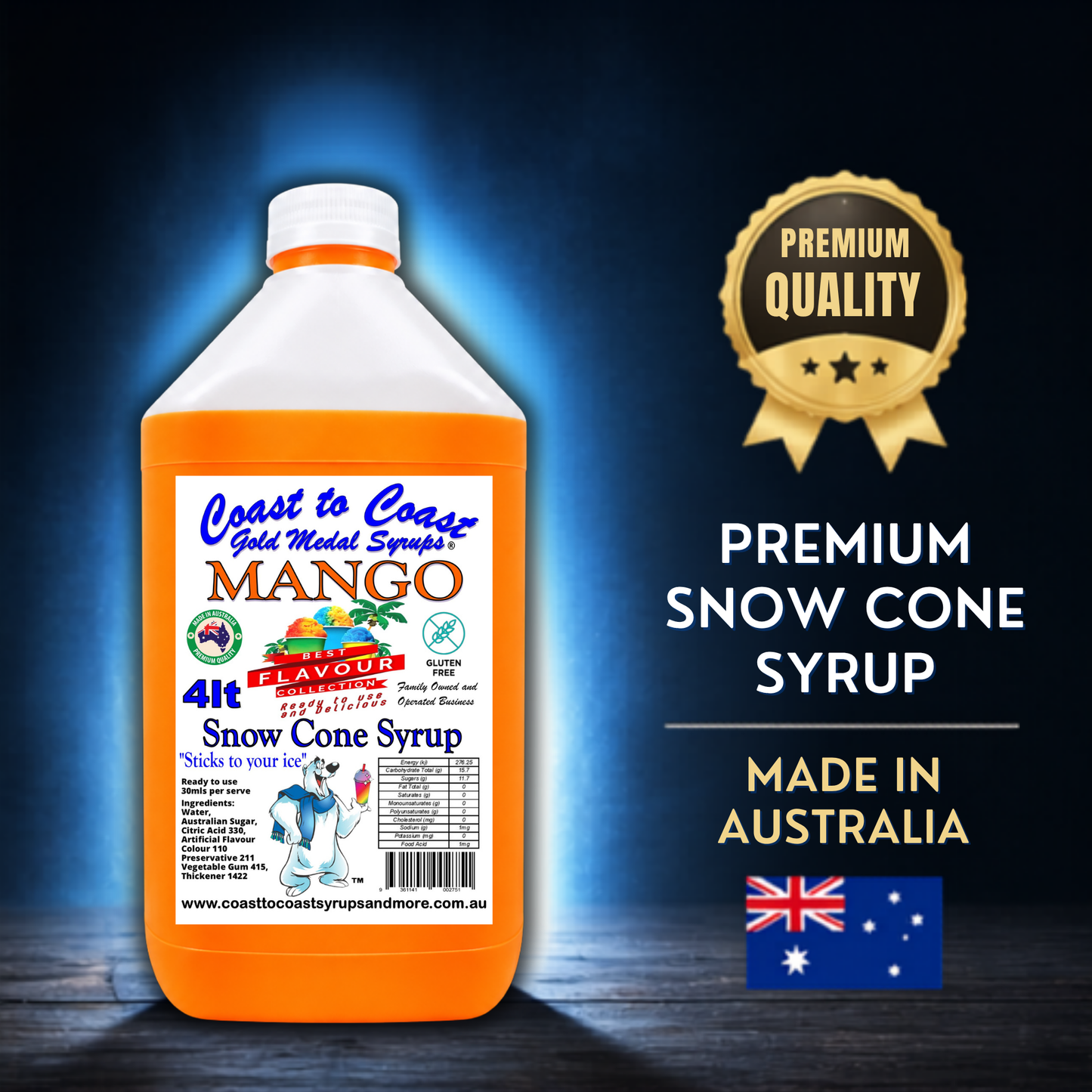 6 Mango Snow Cone Syrup, 4Ltr, Premium Ice Syrup, Coast to Coast Gold Medal Syrups®