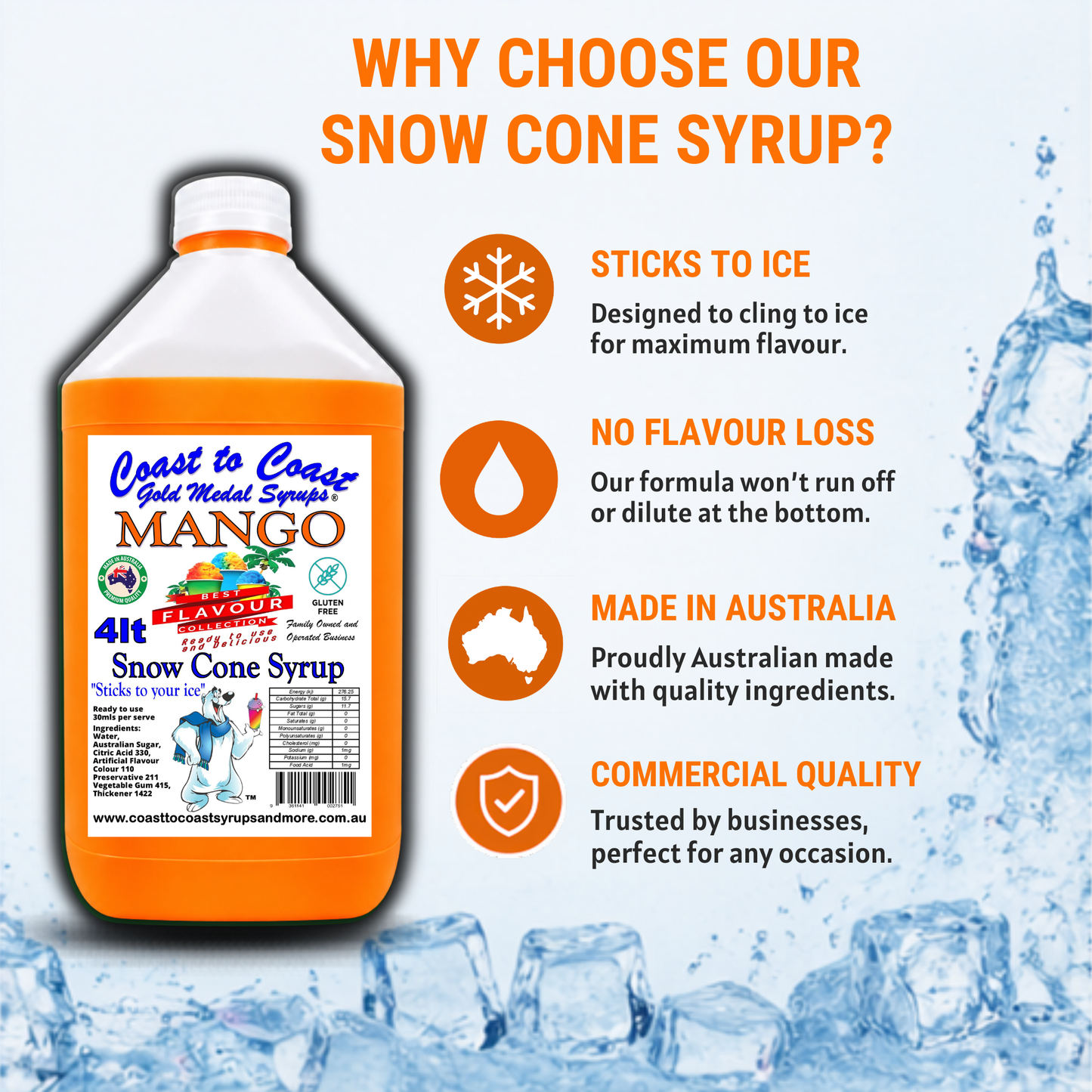 6 Mango Snow Cone Syrup, 4Ltr, Premium Ice Syrup, Coast to Coast Gold Medal Syrups®