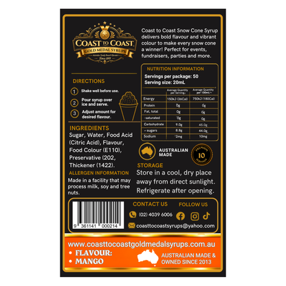 Mango Snow Cone Syrups 250ml - Coast to Coast Gold Medal Syrups®
