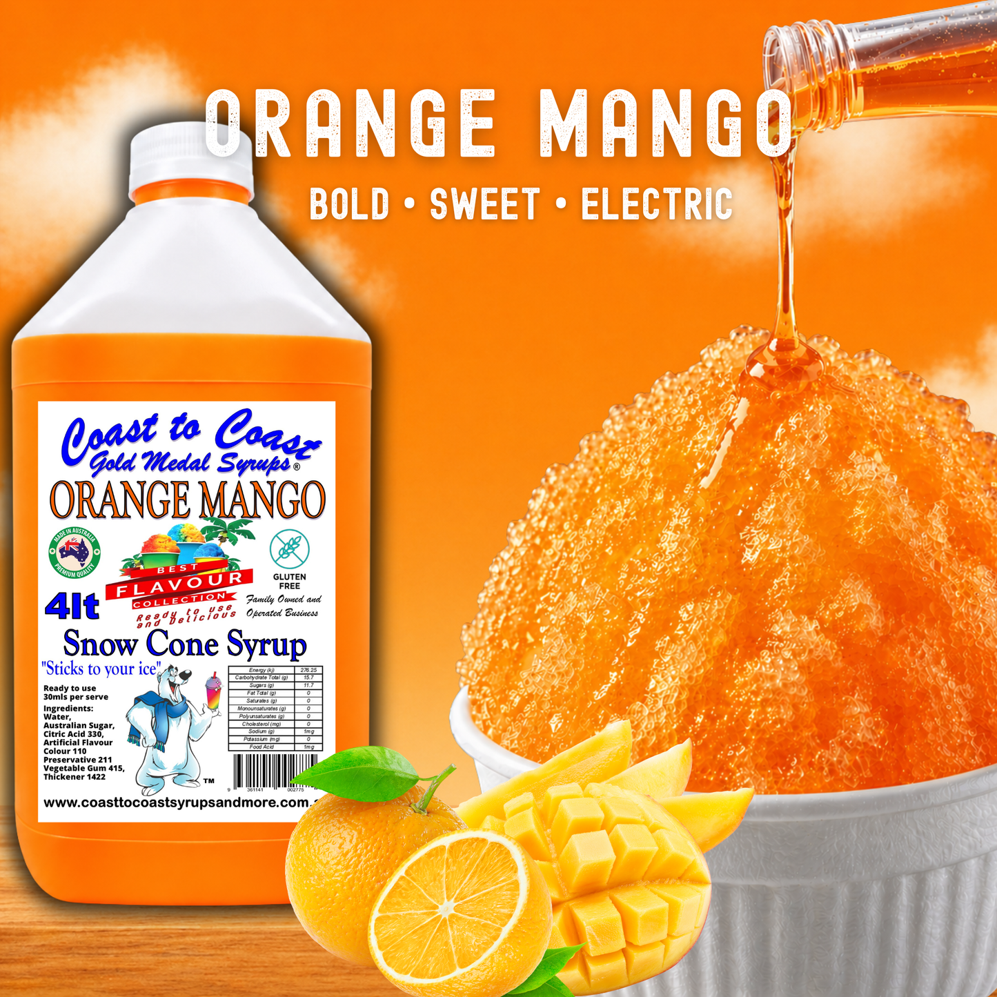 6 Orange Mango Snow Cone Syrup, 4Ltr, Premium Ice Syrup, Coast to Coast Gold Medal Syrups®