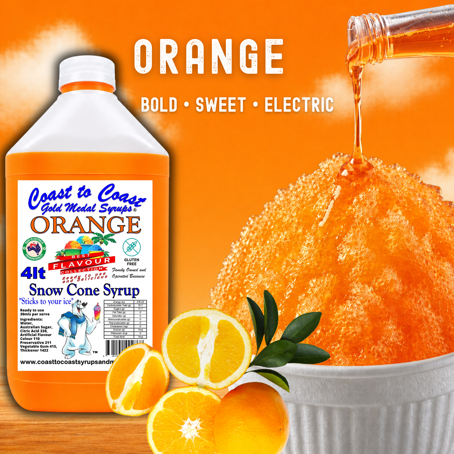 6 Orange Snow Cone Syrup, 4Ltr, Premium Ice Syrup, Coast to Coast Gold Medal Syrups®