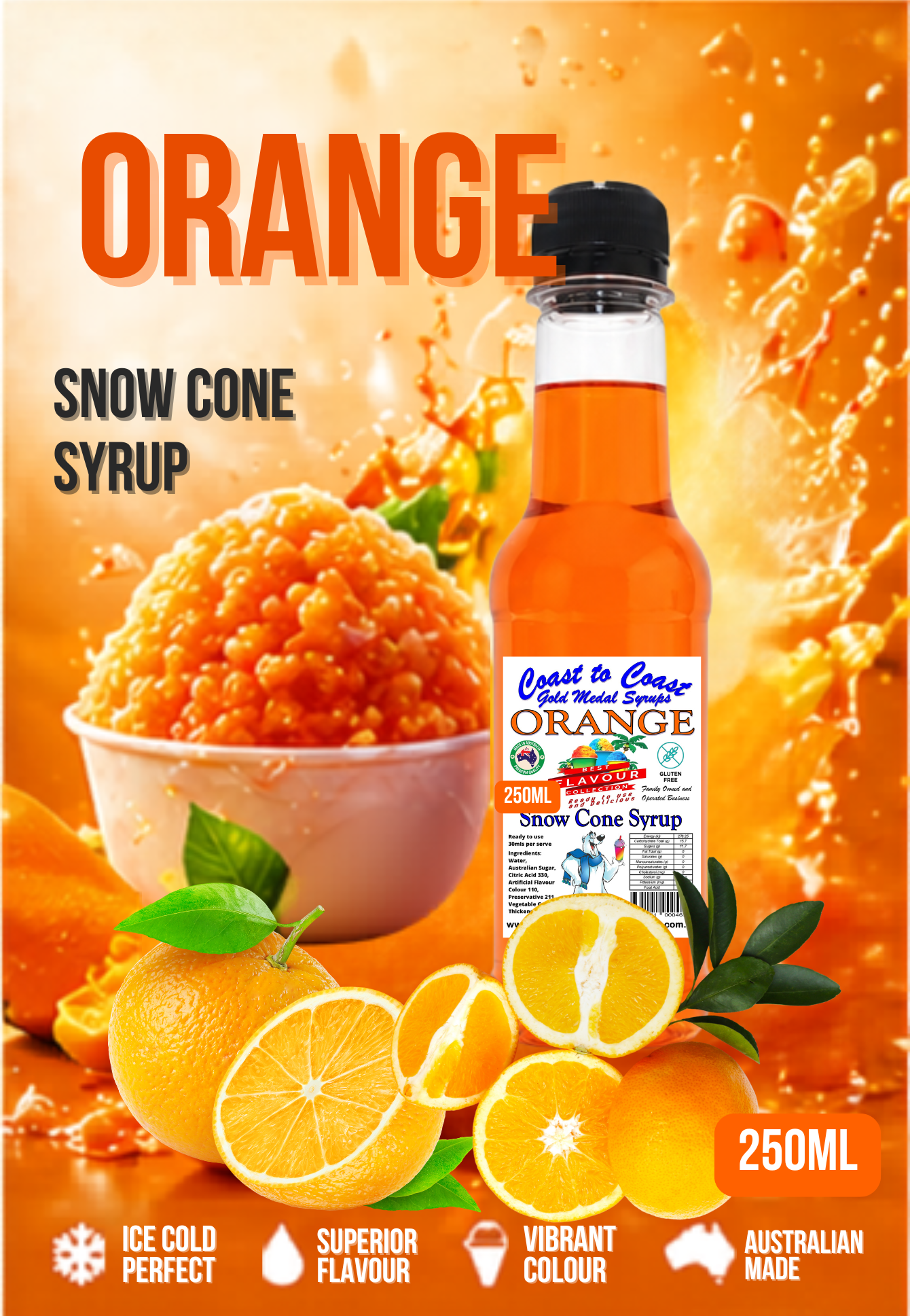 1.Orange Snow Cone Syrup 250ml – Premium Ice Syrup | Coast to Coast Gold Medal Syrups®