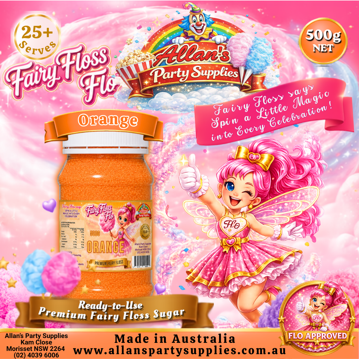 Orange Fairy Floss Sugar – 500g Jar - Allan's Party Supplies